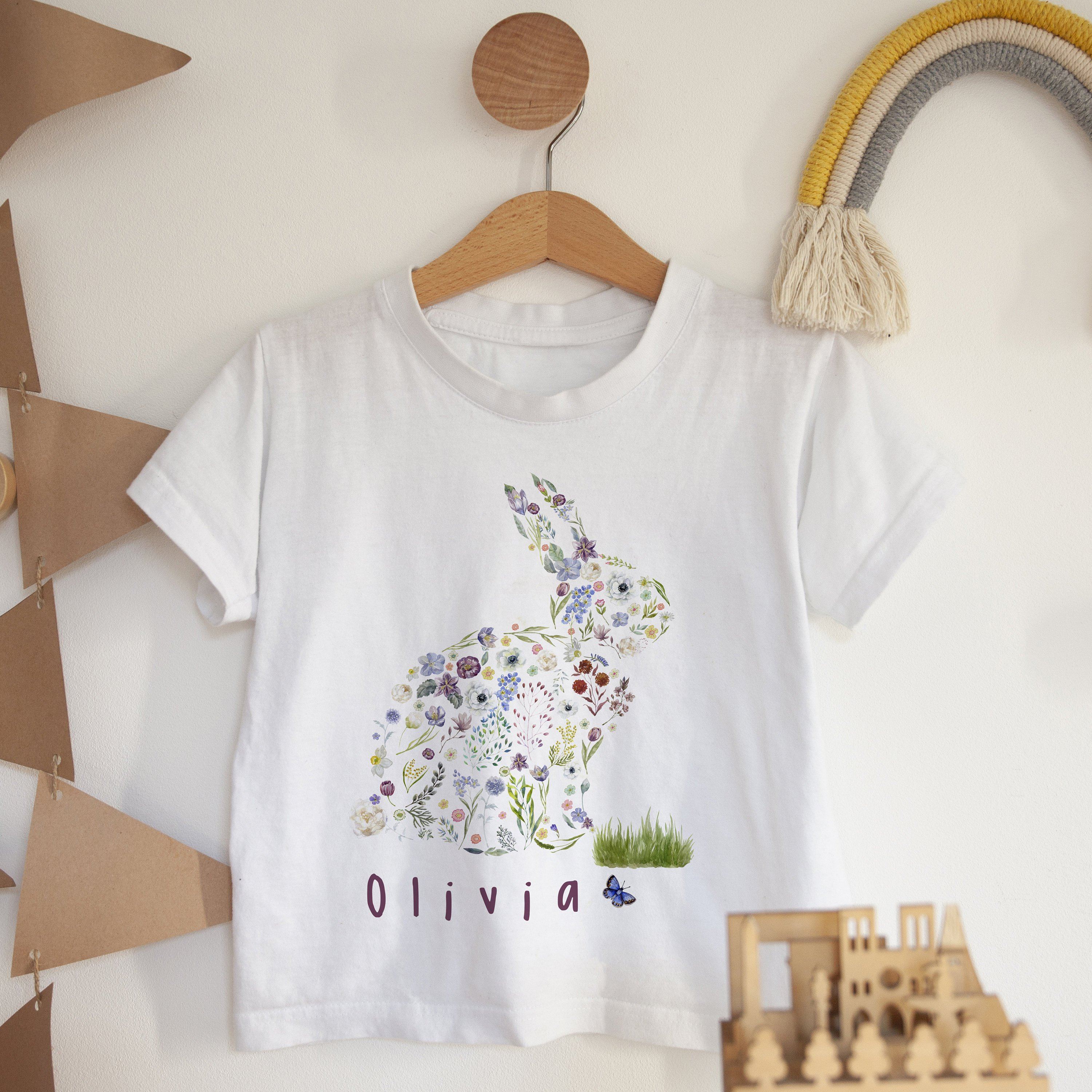 Personalised Kids Easter T-Shirt, flower bunny design for boys or girl – Pomchick